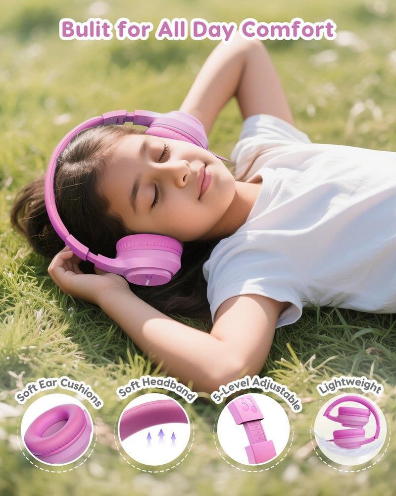 awatrue Kids Headphones, 74/85/94dB Volume Limiter, Foldable Wired Over Ear Headphones for Travel, 3.5mm Jack, Toddler Headphones for School, Chromebook, iPad, Tablet, Pink - Image 3